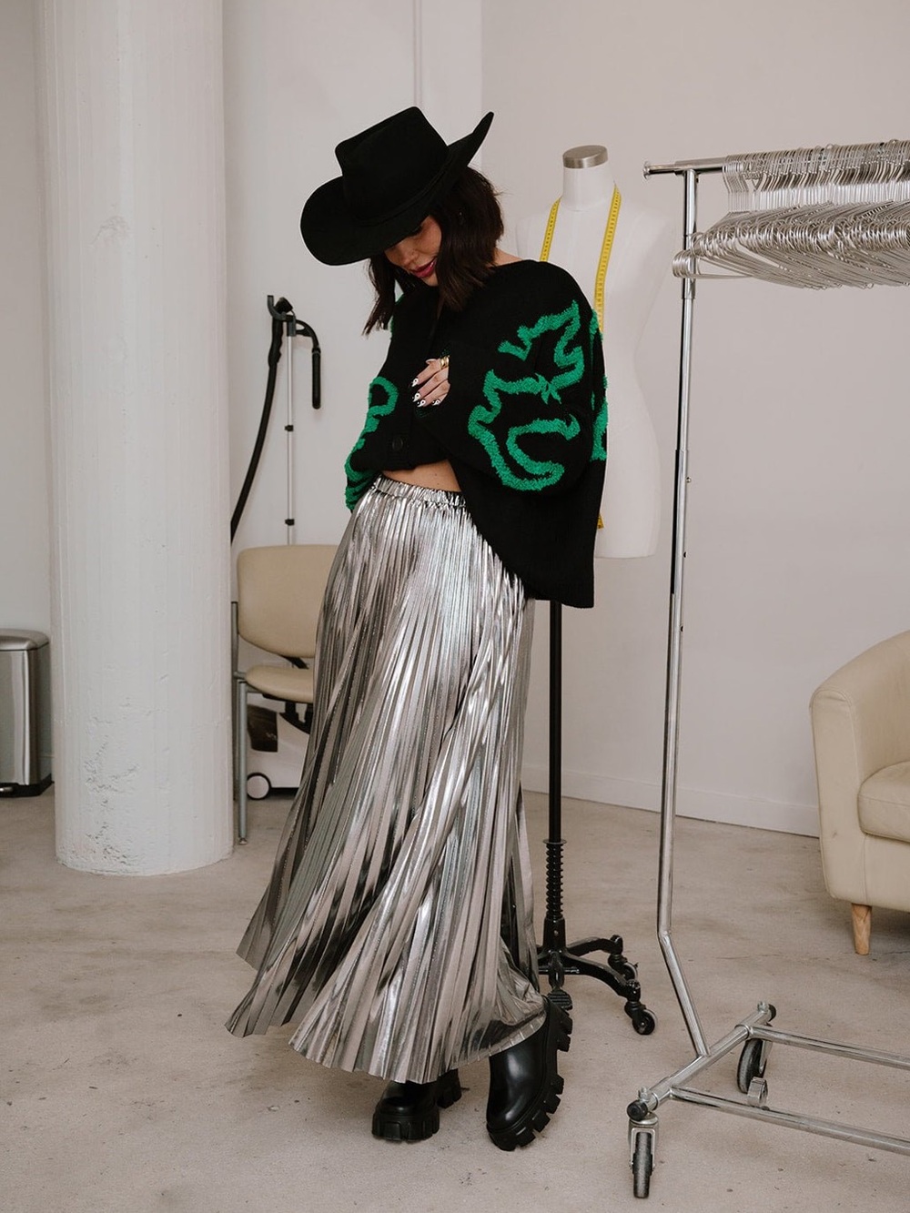 Dressed In Lala Metallic Pleated Midi Skirt in Sterling Silver - Picture 2 of 15